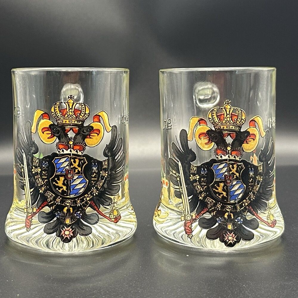 Vintage Italy Glass Goebel W Germany Heraldic Eagle Beer Mugs Bar Decor Set 2